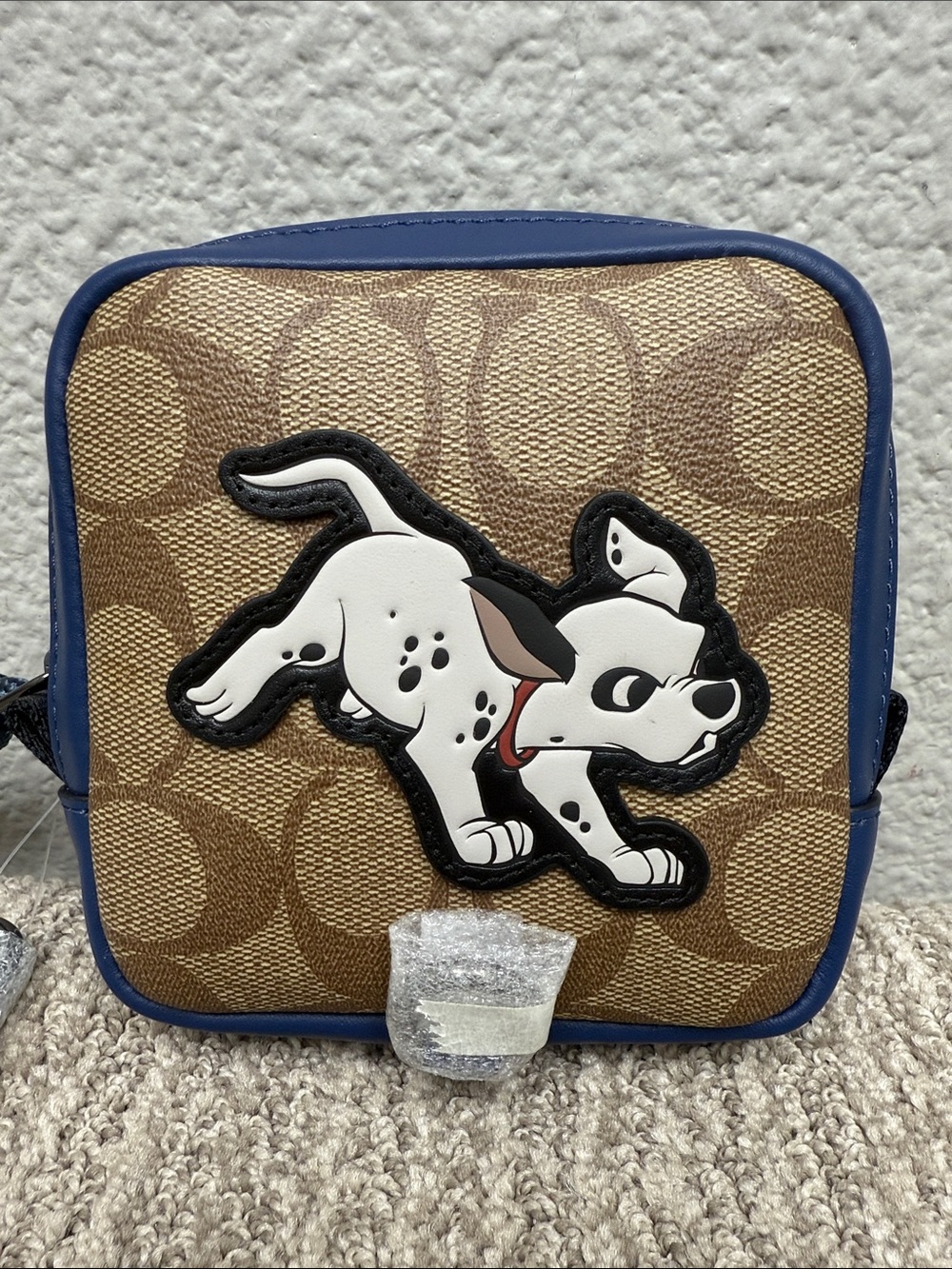 Coach Brown Signature Canvas Crossbody with Blue Trim and Dalmatian Patch